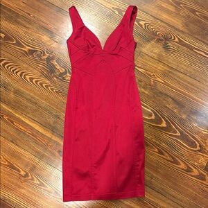 David Meister Women’s Red V Neck Knee Length Satin Dress Size S